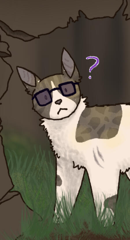 A digital drawing of a cat wearing purple-tinted glasses and peering through a hollowed-out log.