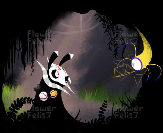 A digital drawing of a slugcat looking at an overseer.